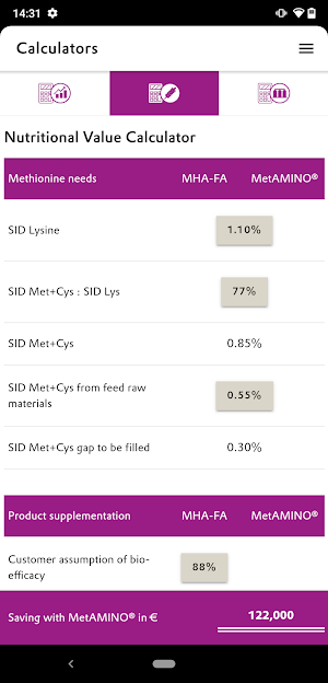 MetAMINO® Value Calculator Screenshot 2