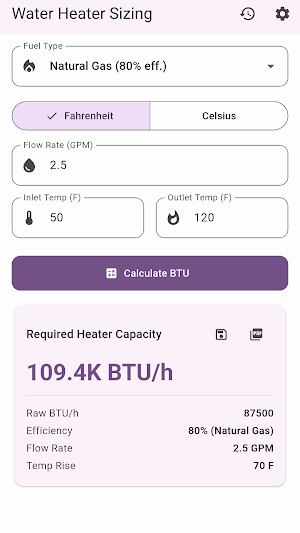 Water Heater Sizing - BTU Screenshot 2