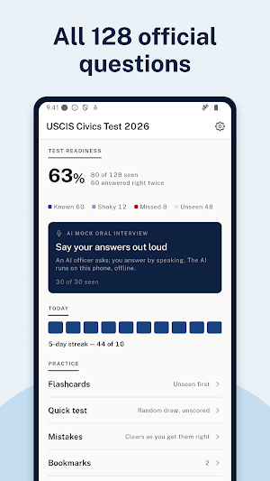 USCIS Civics Test 2026 Screenshot 0