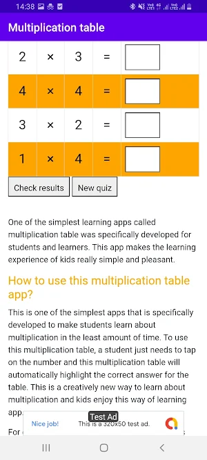 Multiplication Table learning Screenshot 2