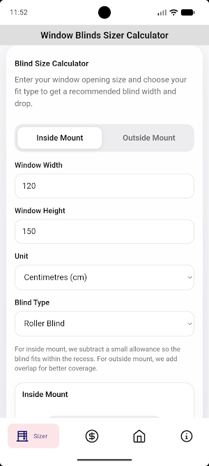 Window Blinds Sizer Calculator Screenshot 0