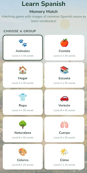 Spanish Noun Matching Game Screenshot 1