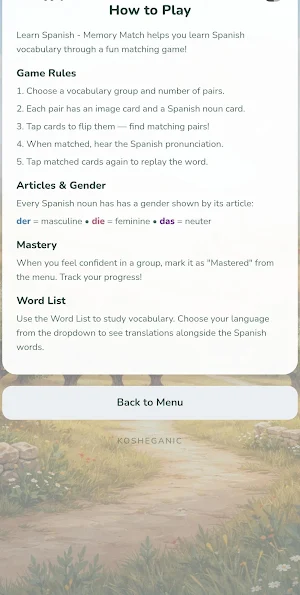 Spanish Noun Matching Game Screenshot 0