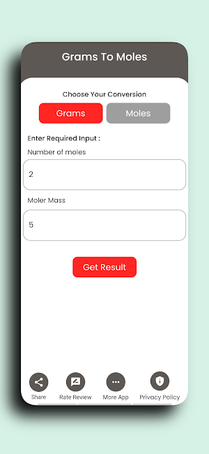 Grams to Moles Calculator Screenshot 1