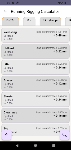 Running rigging sizes Screenshot 2
