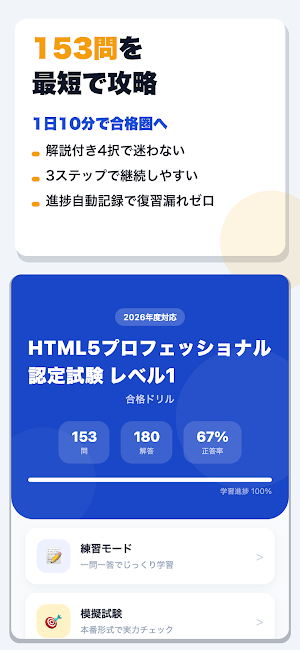 HTML5プロフェッショナル認定試験 レベル1 合格ドリル Screenshot 0