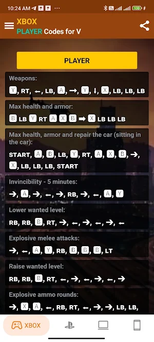 V Game Control Codes Screenshot 0
