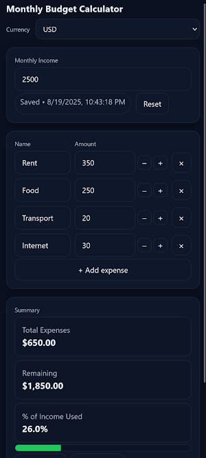 Monthly Budget Calculator Screenshot 1