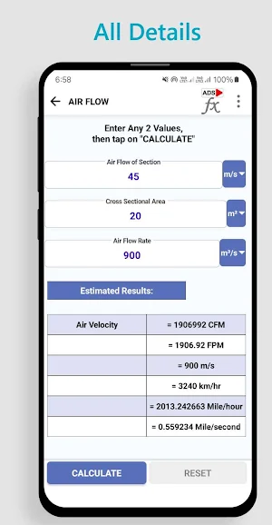 Duct & Air Flow Calculations Screenshot 2