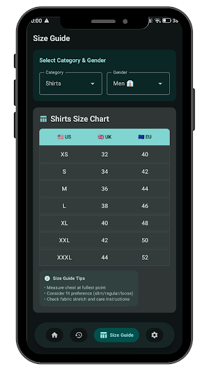 Clothing Size Comparison Screenshot 2