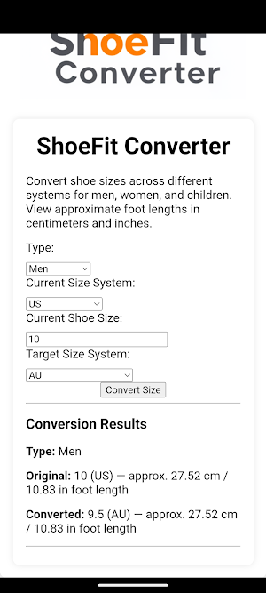 Universal Shoe Size Converter Screenshot 1