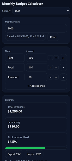 Monthly Budget Calculator Screenshot 0