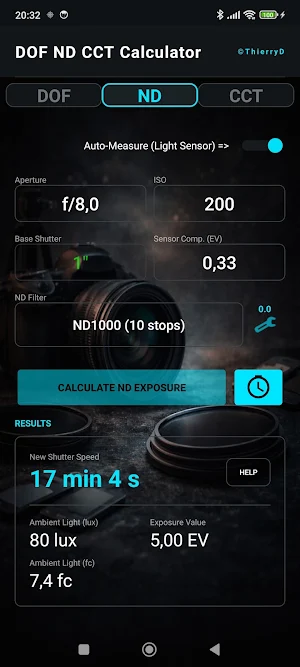 DOF ND Filters CCT Calculator Screenshot 1
