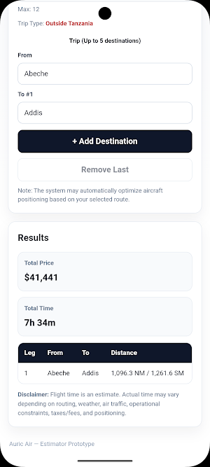 Auric Charter Price Estimate Screenshot 1