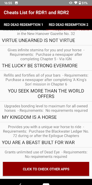 Cheat Codes List for RDR 1 and RDR 2 Screenshot 1