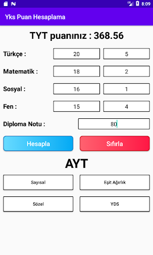 YKS (TYT-AYT-YDS) Puan Hesaplama 2020 Screenshot 1