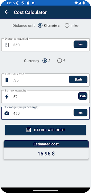Electric Vehicle Calculator Screenshot 3