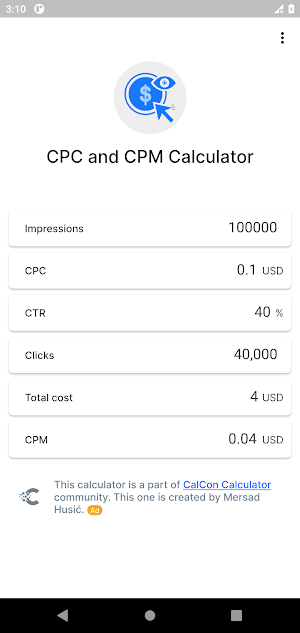 CPC and CPM Calculator Screenshot 1