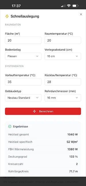 Fußbodenheizung Auslegung Screenshot 1