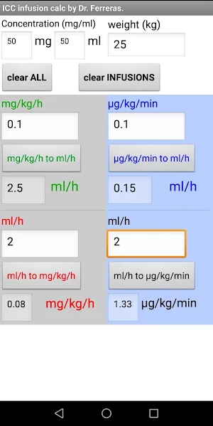 Anesthesia ICC infusion calculator mg/kg/h µg/kg/m Screenshot 0