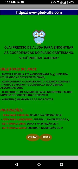 A coruja e o plano cartesiano. Screenshot 1
