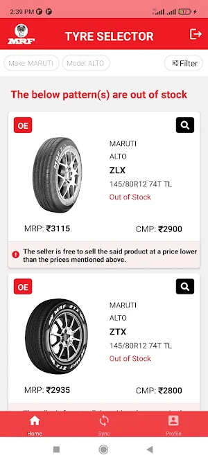 MRF Tyre Selector Screenshot 2