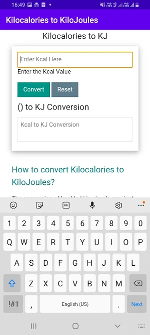 Kilocalories to KiloJoules Screenshot 1
