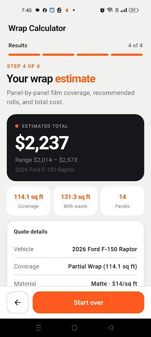 Vehicle Wrapping Calculator Screenshot 2