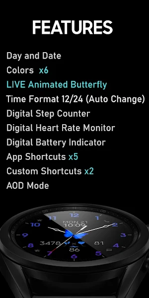 Blue Butterfly Watch Face Screenshot 1