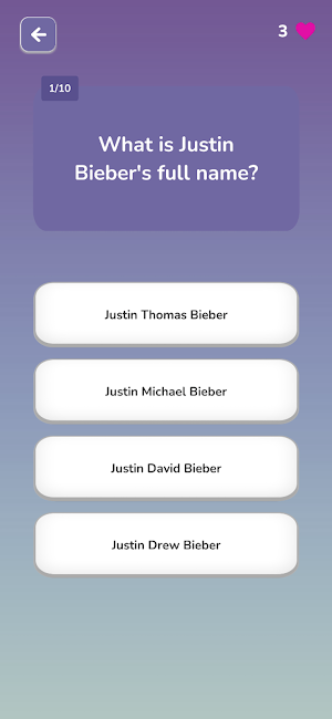 Justin Bieber Trivia Quiz Screenshot 1