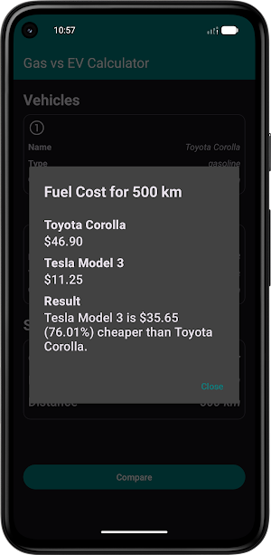 Gas Vs EV Fuel Cost Calculator Screenshot 1