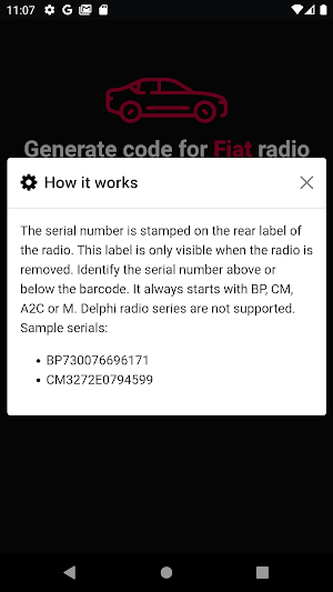 Fiat radio code generator Screenshot 1
