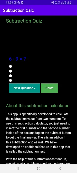 Subtraction Calculator & Test Screenshot 2