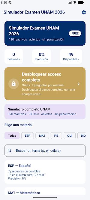 Simulador Examen UNAM 2026 Screenshot 0