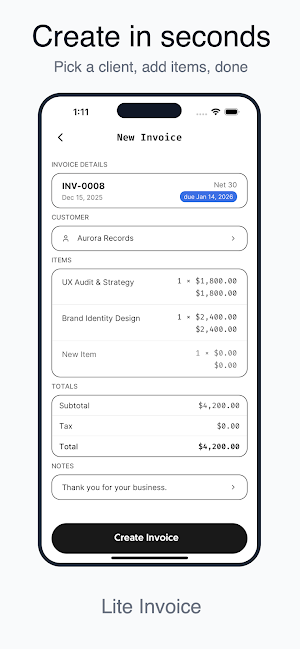 Lite Invoice: Simple Invoicing Screenshot 1