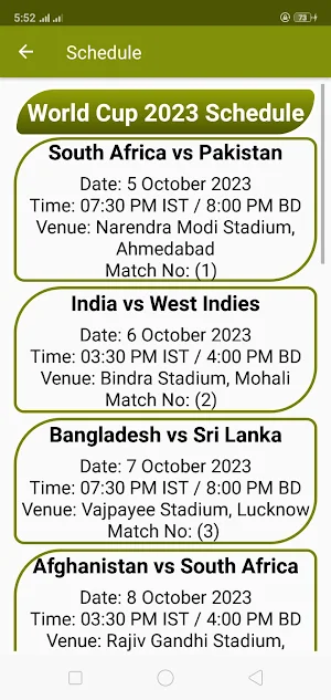 Cricket WorldCup 2023 Schedule Screenshot 2