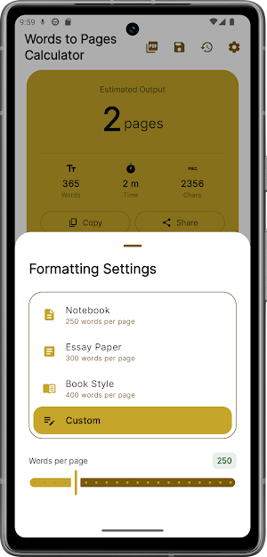 Words to Pages Calculator Screenshot 2