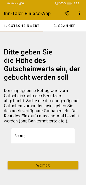 Inn-Taler Einlöseapp für teilnehmende Betriebe Screenshot 1