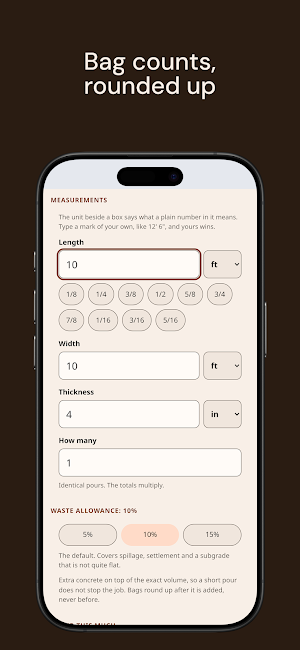 Concrete Calculator: Bags+Cost Screenshot 3
