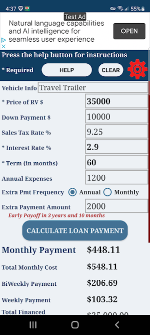 RV Loan Payment Calculator Screenshot 1