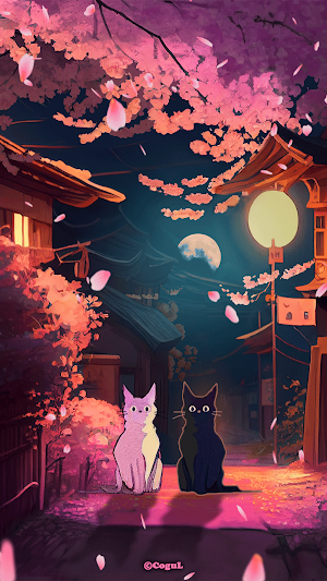 카카오톡 테마 - 벚꽃이 핀 밤과 검은 고양이 Screenshot 0