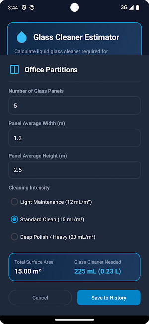 Glass Wipe Estimator Screenshot 2