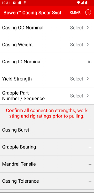 Bowen Casing Spear Calculator Screenshot 0