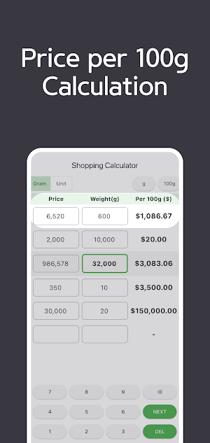 Price Per Unit Gram Calculator Screenshot 2
