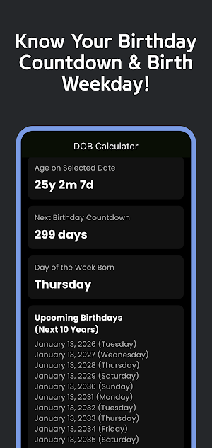 DOB Calc - Birthday Countdown Screenshot 1