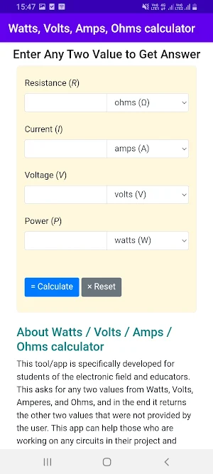Watts / Volts / Amps / Ohms Screenshot 1