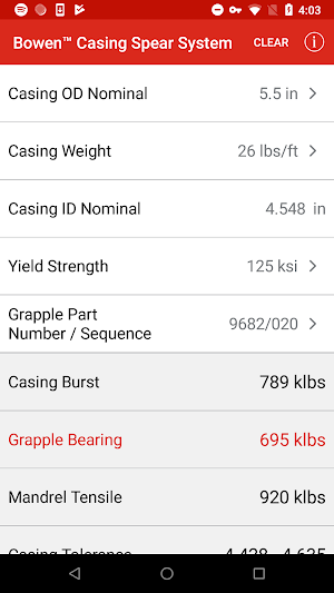 Bowen Casing Spear Calculator Screenshot 1