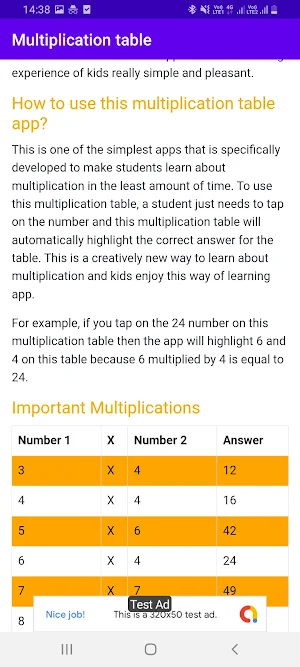 Multiplication Table learning Screenshot 3