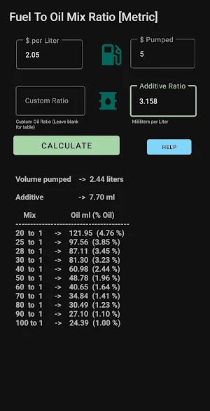 Fuel to Oil Mix Calculator Screenshot 1