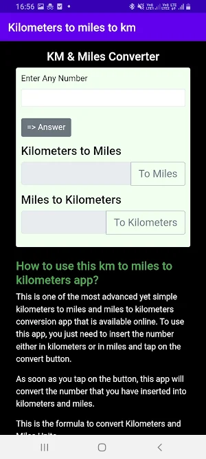 Kilometers to miles to km Screenshot 1